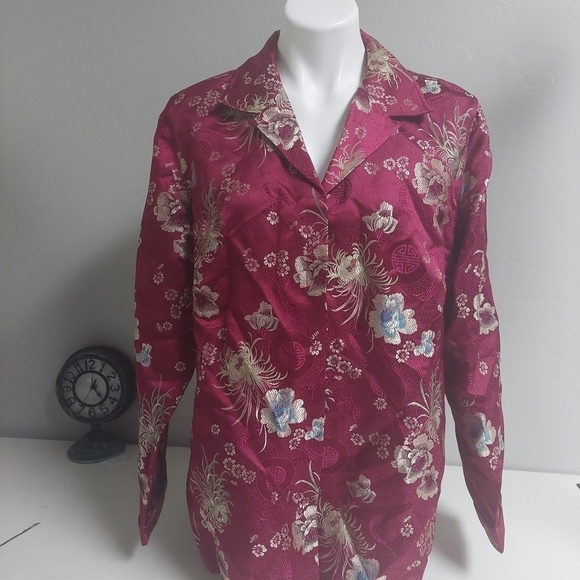 Chico's Tops - Chicos Wine Red Top Floral Tapesty Button Engraved 3 Satin Metallic Brocade